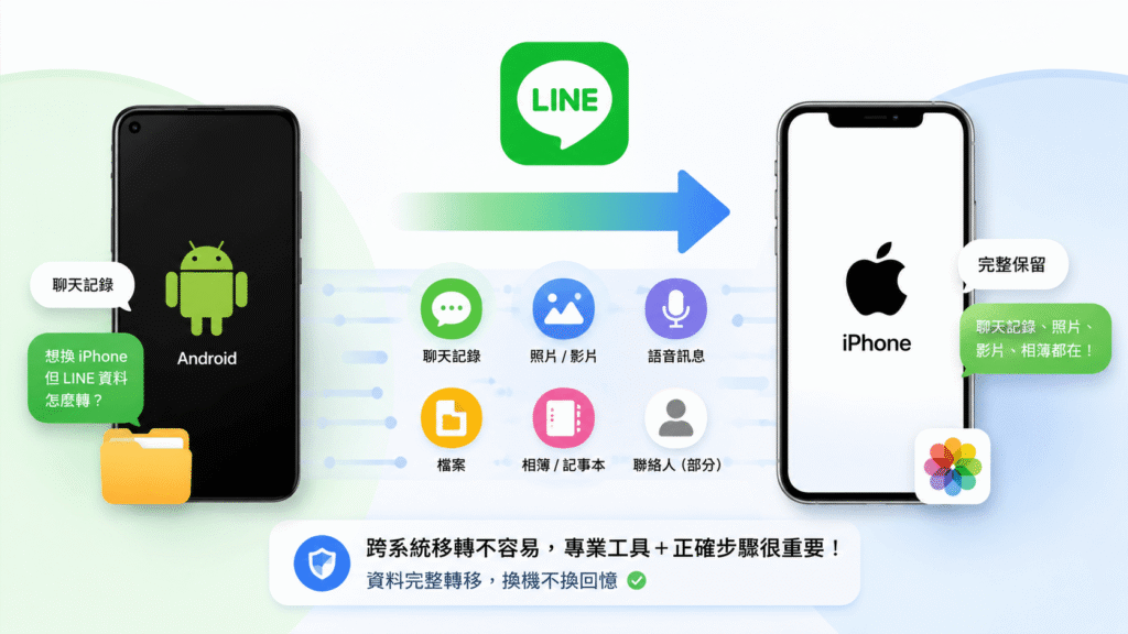 Android轉iPhone LINE聊天記錄與資料移轉示意圖